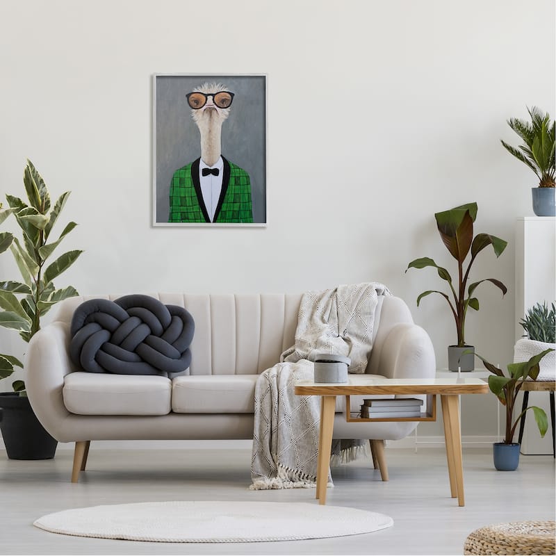 Stupell Charming Ostrich Bird Bowtie Sunglasses Green Cardigan Framed Wall Art