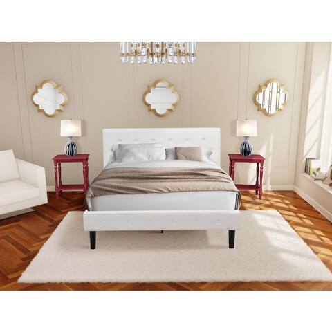 3 Piece Bedroom Set - 1 Platform Bed Upholstered White Velvet Fabric and 2 Night Stands - Burgundy Finish Nightstand