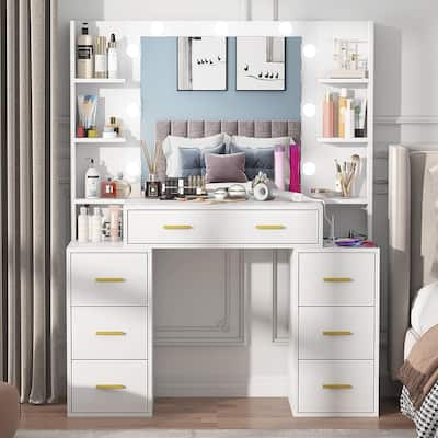 43'' Makeup Vanity with 3 Color Light, Charging Station, Storage Shelves, 7 Drawers
