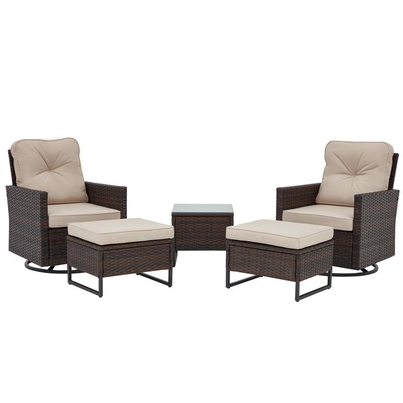 AVAWING 5 PCS Outdoor Wicker Swivel Rocking Chairs with 2 Ottomans and 1 Side Table