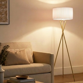 Brightech Jaxon 60 in. Antique Brass Tripod Super Bright LED Midcentury Modern Floor Lamp with White Fabric Drum Shade