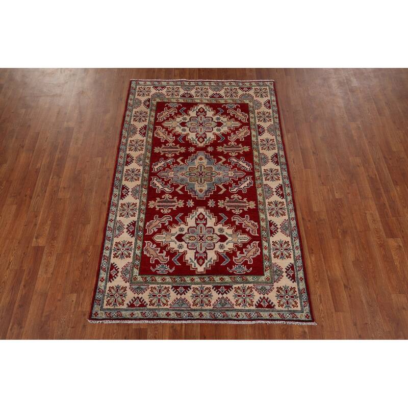 Geometric Red Kazak Oriental Rug Hand-Knotted Oriental Wool Carpet - 4'1" x 6'7"