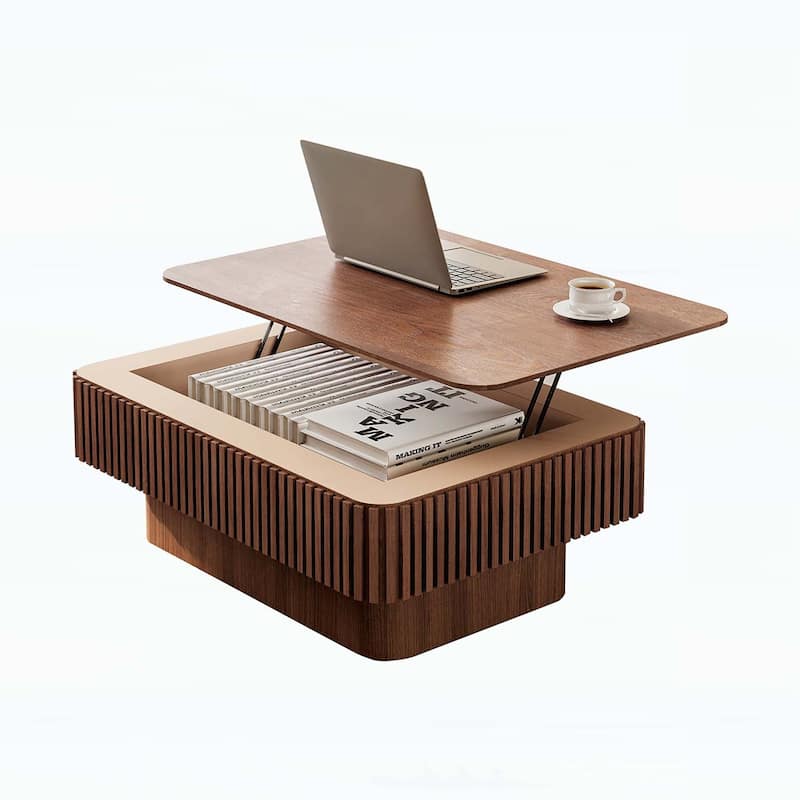 Contemporary Fluted Wood Grain Design Coffee Table with Storage,Adjustable Height,for Living Spaces