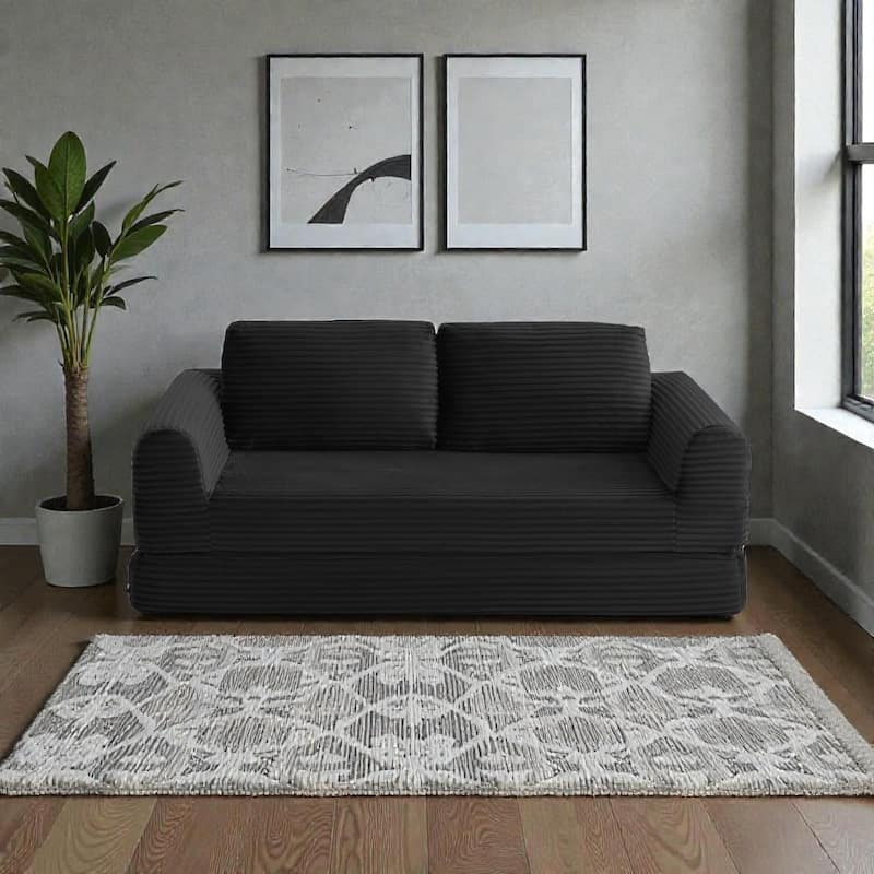2 in 1 Folding Sofa Bed, Corduroy Convertible Sleeper Couch with Pillows, Boneless Futon Floor Sofa - Black