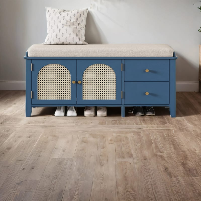 Wood Shoe Storage Bench with Cushion,2 Drawers and 2 Rattan Door
