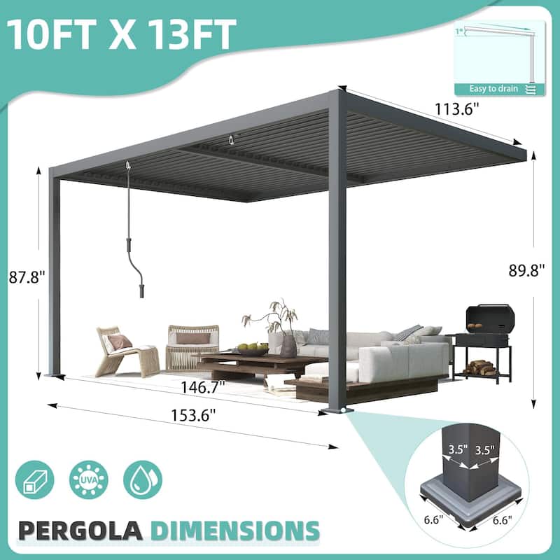 EROMMY Outdoor Louvered Pergola Gazebo with Adjustable Aluminum Rainproof Roof and Pull-Down Screen