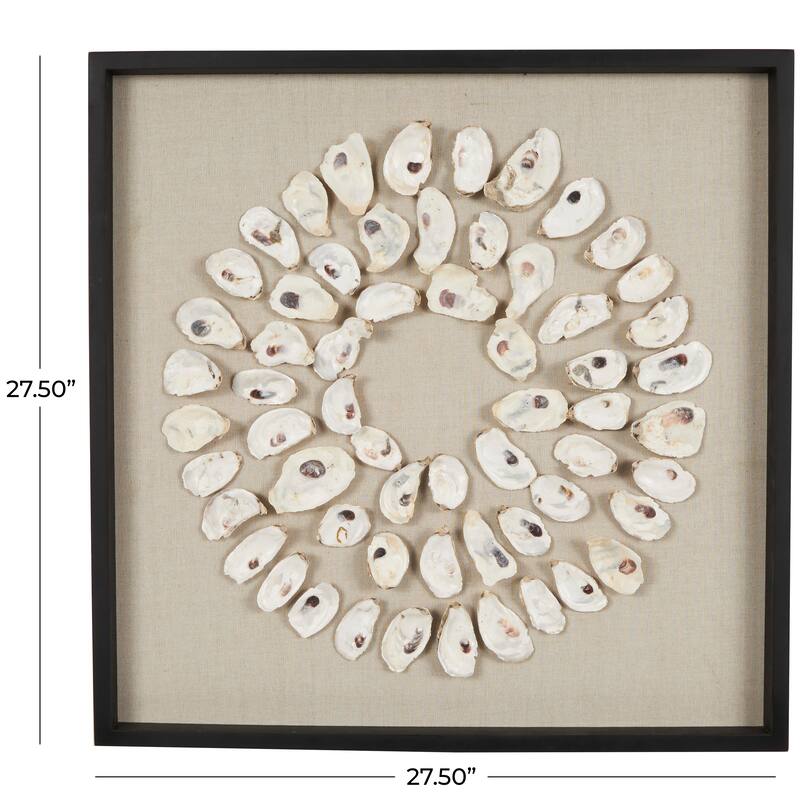 Cream Shell Handmade Abstract Circular Shell Wall Decor with Beige Linen Backing and Black Frame