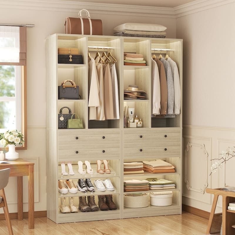27.7'' Closet Organizer with Shoe Racks and Drawers, Closet System with Hanging Rod and Adjustable Shelves