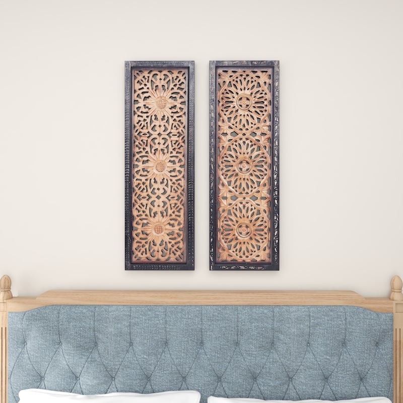 Wood Floral Handmade Intricately Carved Home Wall Decor - Set of 2 Brown - Roche River Decor