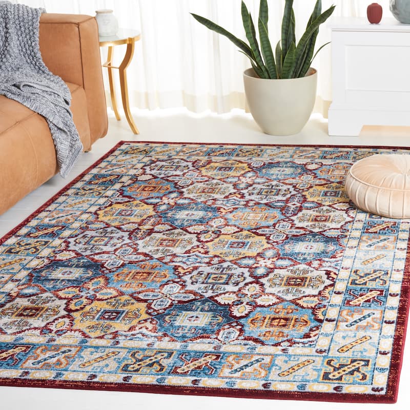 SAFAVIEH Bayside Machine Washable Kristyna Oriental Rug - 6'7" Square - Blue/Red