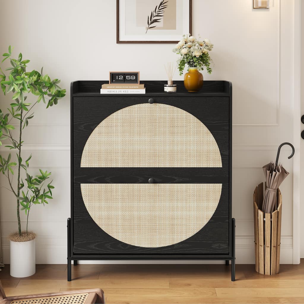 2-Drawer Wooden Shoe Cabinet with Rattan Doors/Narrow Freestanding Storage Organizer for Entryway