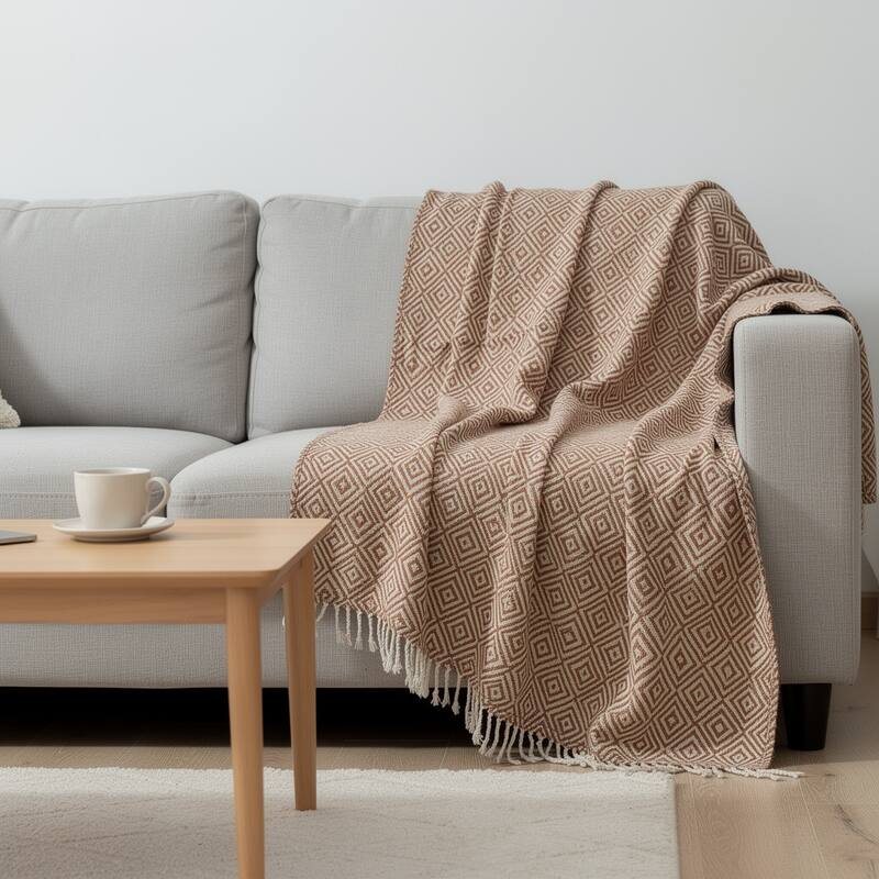 HomeRoots 50" X 60" Brown Cotton Woven Geometric Throw Blanket with Fringe - Throw - Brown
