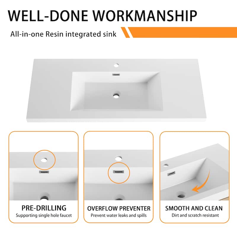 Bathroom Vanity With Resin Sink In 36/42/48 Inch, Freestanding Bathroom Vanity With Soft Close Doors And Shelf