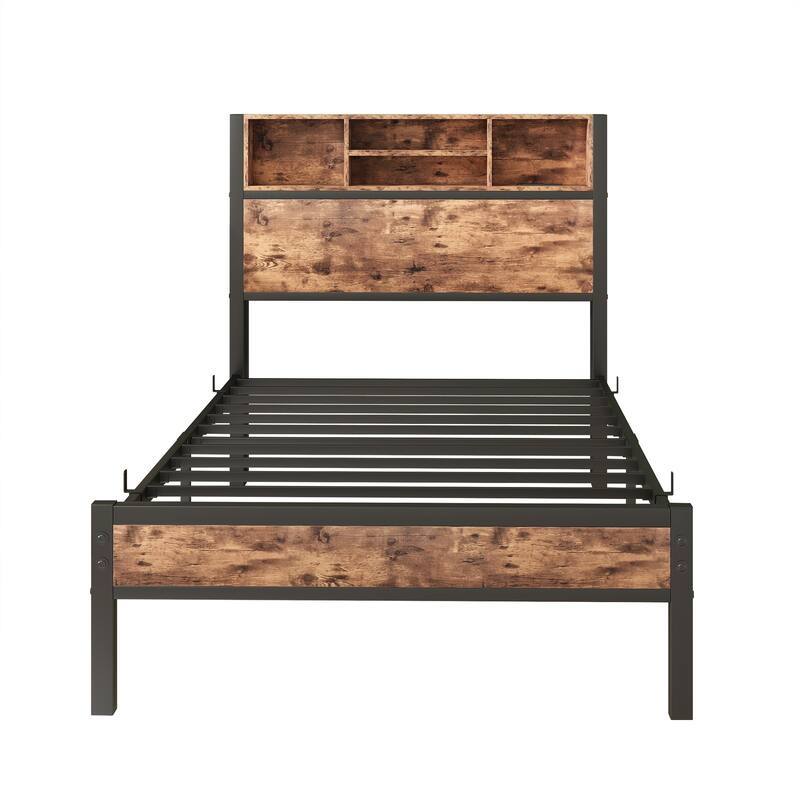 LED Twin Bed Frames Metal Platform Bed with Charging Station and Bookcase Storage