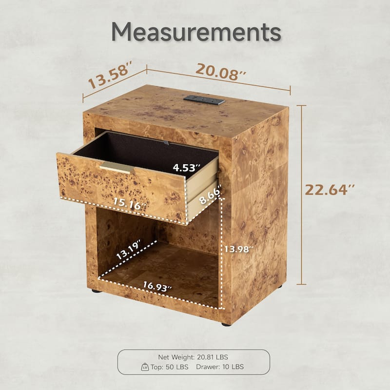 COZAYH Burl Finish Nightstand, Rustic Farmhouse Dresser, Vintage Accent Wood Storage Bedside Table, Fully Assembled