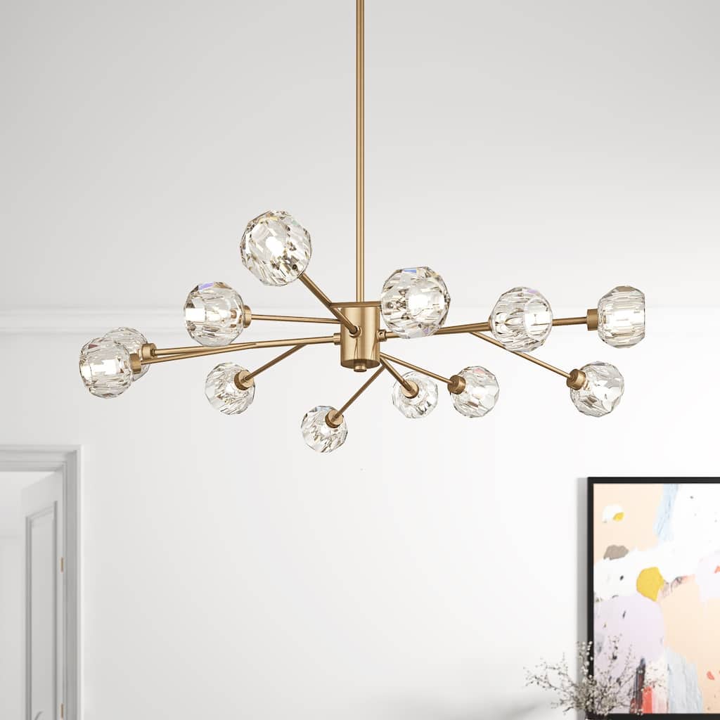 Mid-Century Modern Brass 12-Light Clear Glass Sputnik Chandelier for Dining Room