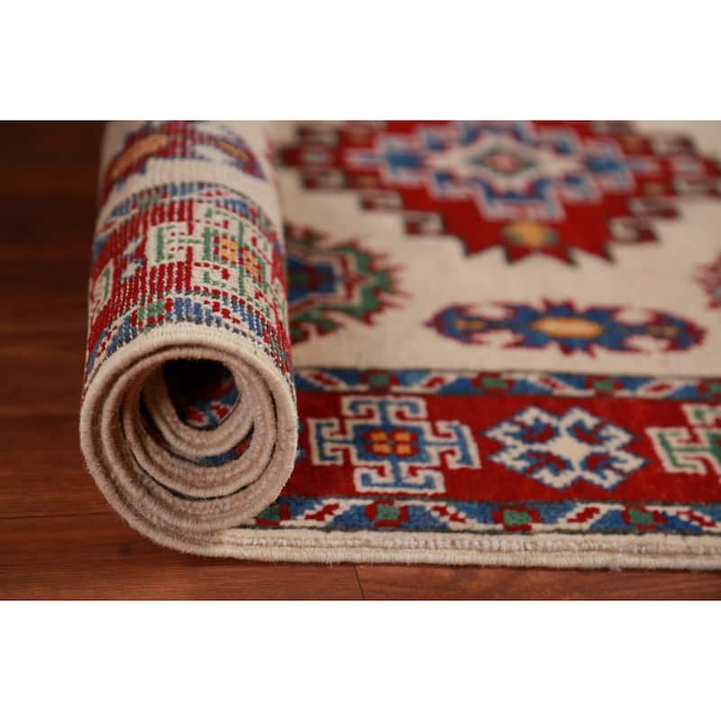 Ivory Kazak Foyer Rug Hand-Knotted Geometric Wool Carpet - 2'8"x 4'2"