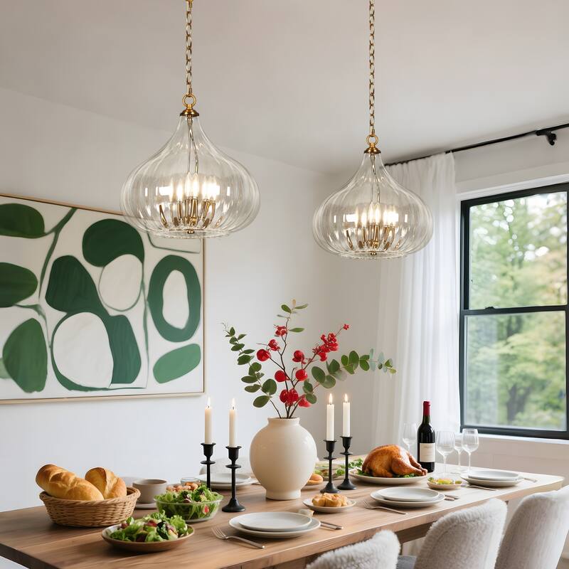 Modern Glam 3-Lights Chandelier Brass Gold Large Pendant with Pumpkin-Shade Clear Ribbed Glass Chandelier for Dining Room