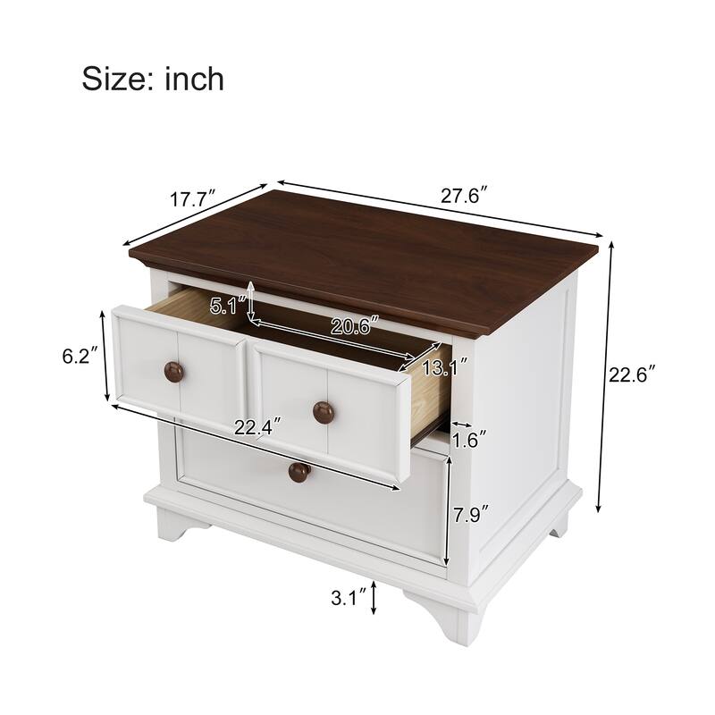 Roomfitters Wooden Captain Two-Drawer Nightstand, Kids' Night Stand and End Side Table for Bedroom, White and Walnut