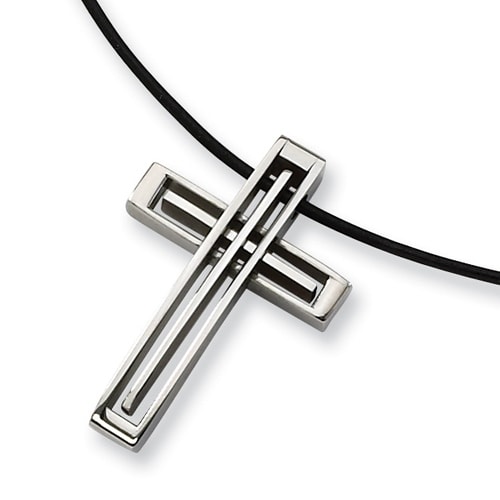 Stainless Steel Polished and Brushed Black Leather /& Rubber Necklace 19in