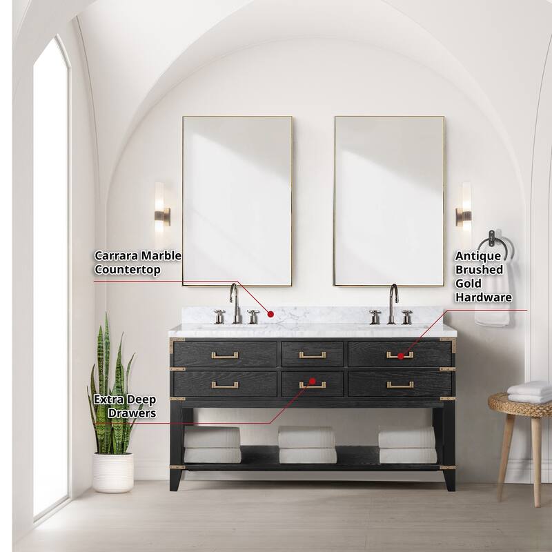 Lexora Norwalk Bath Vanity, Carrara Marble Top, Faucet Set, and Mirror