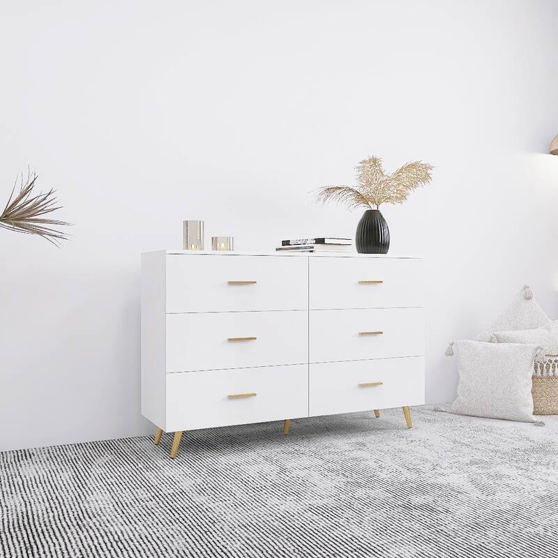 6 Drawers Dresser for Bedroom, High Glossy Surface Storage Drawers Chest, Organizer Cabinet with Golden Handles & Metal Legs