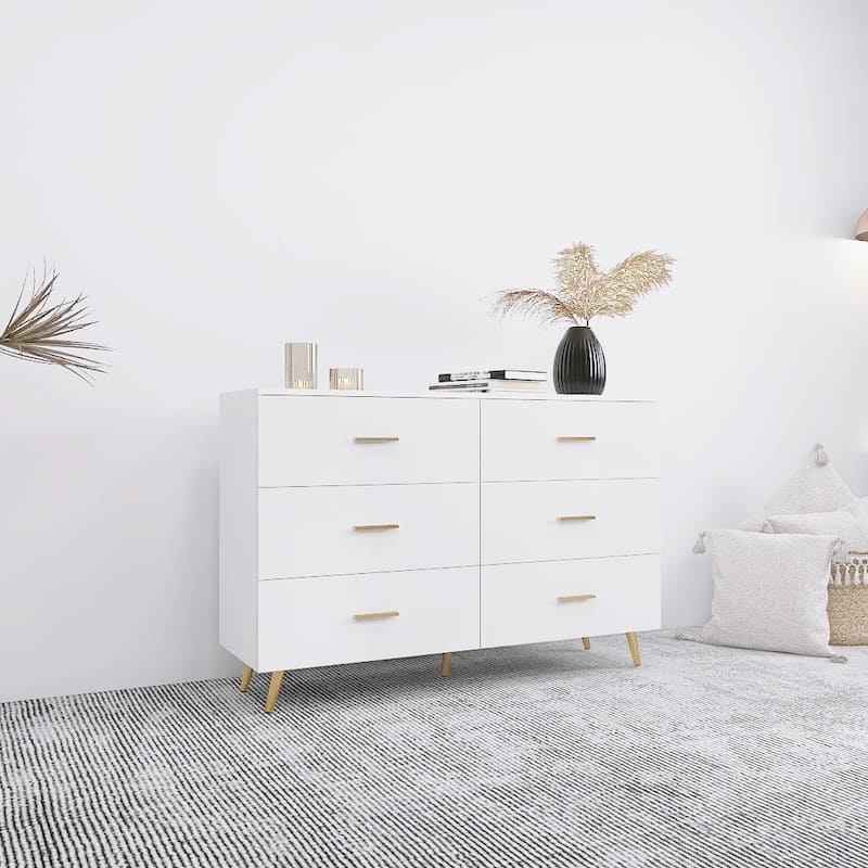 High Glossy Double Dresser with 6 Storage Drawers for Bedroom, Chest of Drawer Vanity with Golden Handle Legs