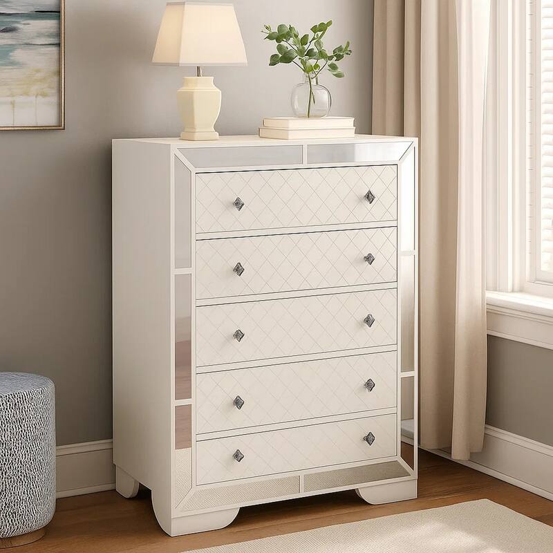 Athon Tall Dresser Chest with 5 Drawers, Diamond Patterns, Ivory Wood