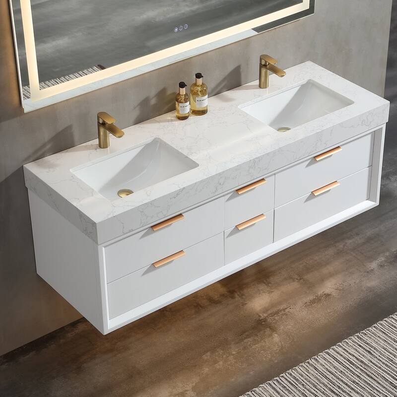 60 Inch Solid Wood Frame Wall-Mounted Bathroom Vanity Set with Double Ceramic Basin