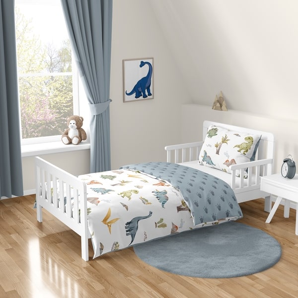 slide 2 of 6, Sweet Jojo Designs Watercolor Dinosaur Dino Boy 5p Toddler size Comforter Set Green Blue Modern Jurassic Animal Tracks Footprint