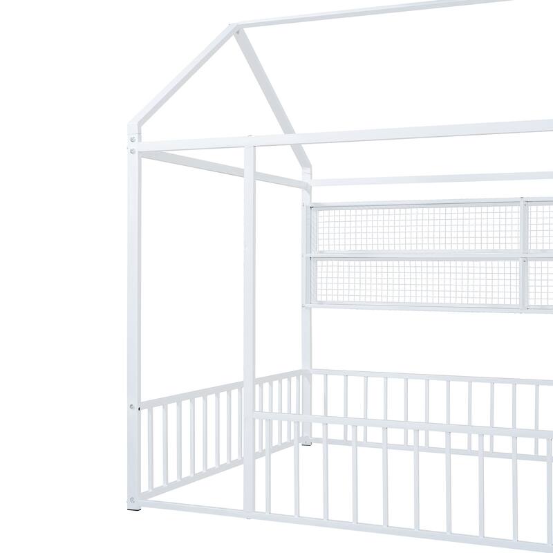 Full Size Metal House Bed Frame with Built-In Grid Shelves, Playful Canopy Design and Space-Saving Storage