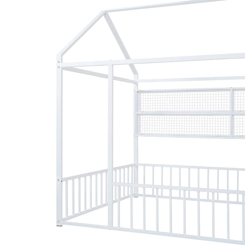 Full Size Metal House Platform Bed Frame with Storage Shelves,Fence and Shelves