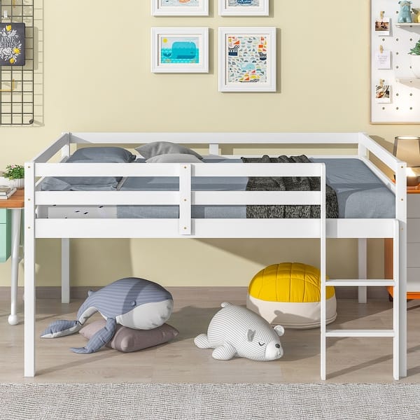 slide 2 of 6, Full Size Pine Wood Kids Loft Bed Frame w/Guard Rails & Ladder, White White - Full