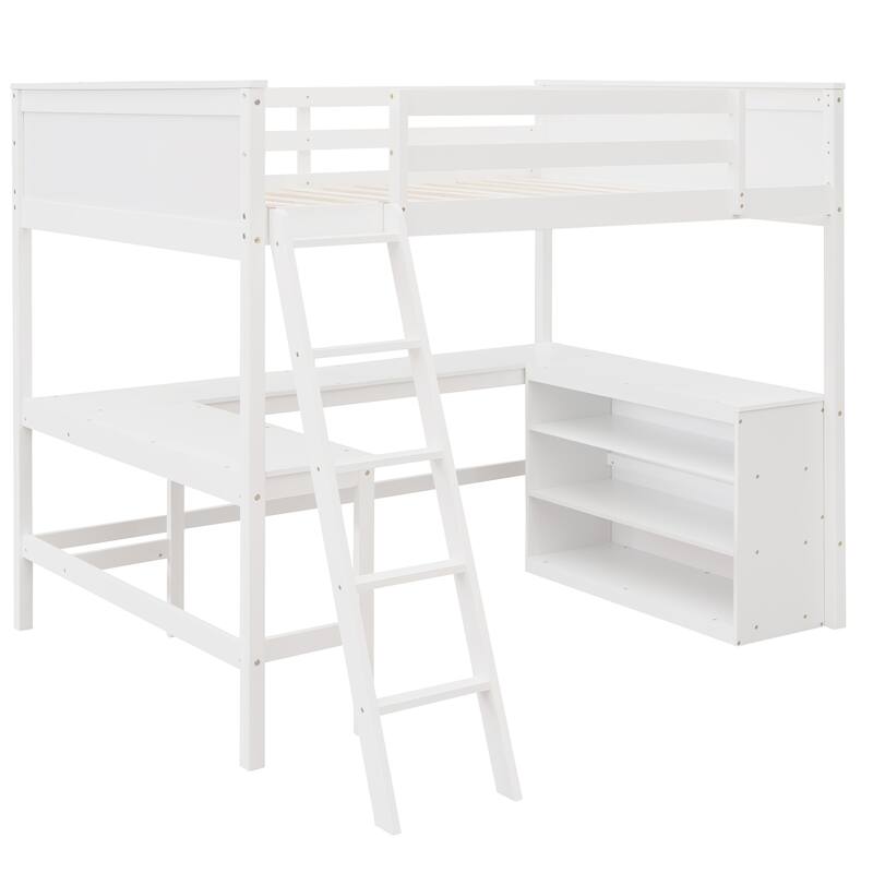 Full Size Wooden Loft Bed with Shelves and Desk in White