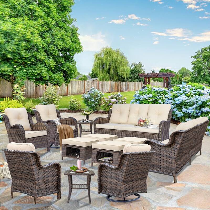 Outdoor Patio Furniture Set Brown Wicker Patio Conversation Seating Sets - 12 Piece