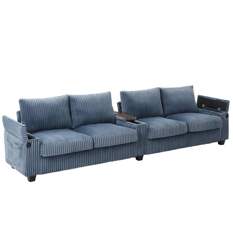 Roomfitters 4-Seater Corduroy Modern Sofa Couch with USB Ports Hidden Storage Arms & Flip-Top Cup Holders for Living Room