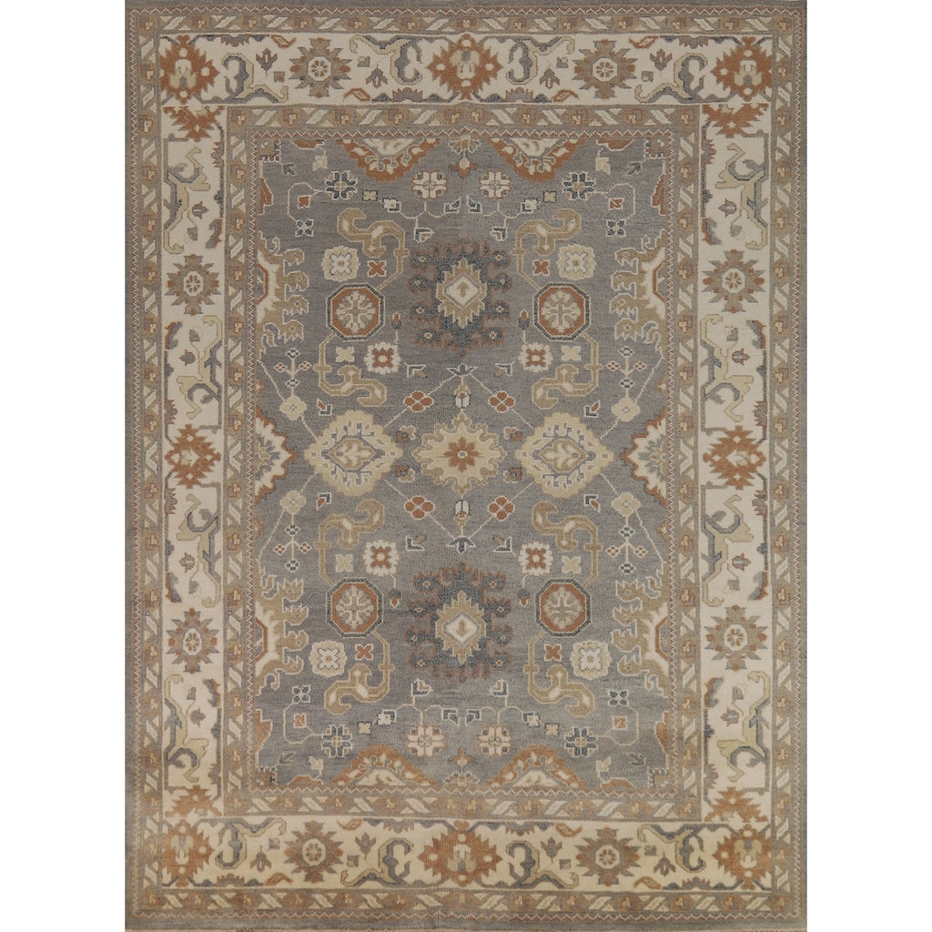 Gray Ivory Oushak Indian Area Rug Handmade Wool Carpet - 7'10" x 10'3"