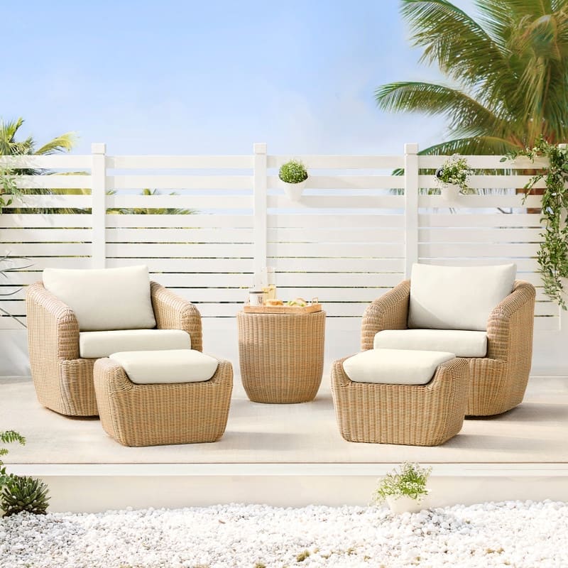 Patio Wicker Furniture Set Outdoor Rattan Bistro Set - 2 Chair+ 2 Ottoman+1 Side table - Beige Wicker-Cream