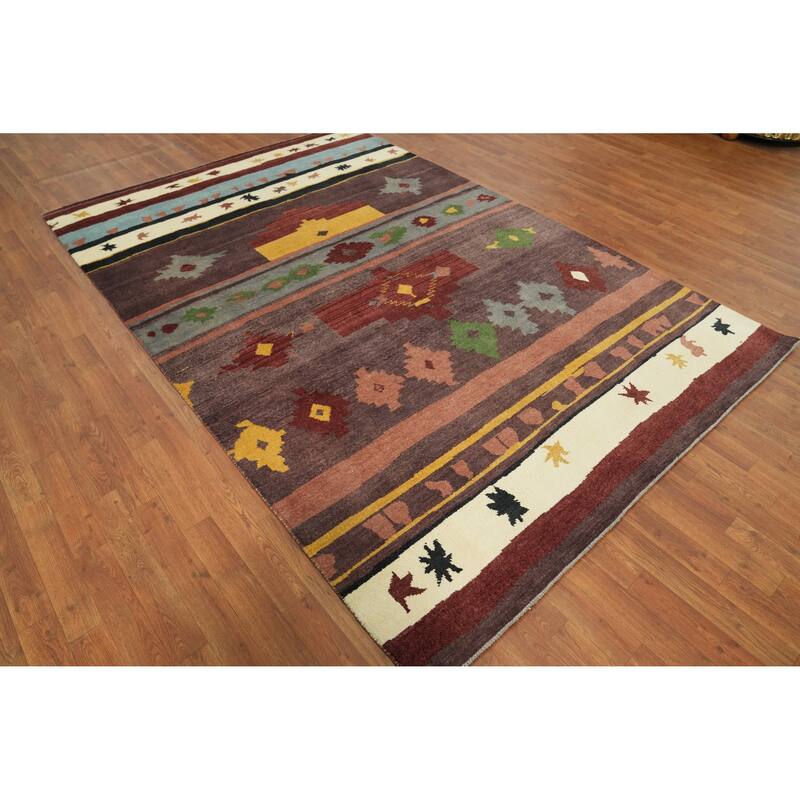 Handmade Wool Gabbeh Vegetable Dye Turkish Area Rug Handmade Wool Carpet - 9' 0'' X 6' 1''