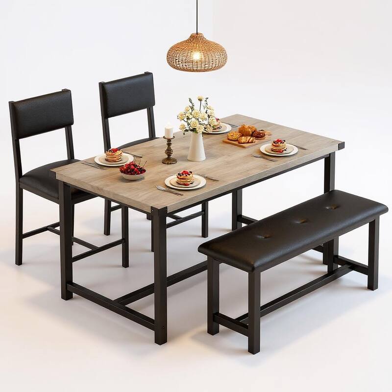 3 pcs Dining Table Set , with 2 Upholstered Chairs and Bench - Grey