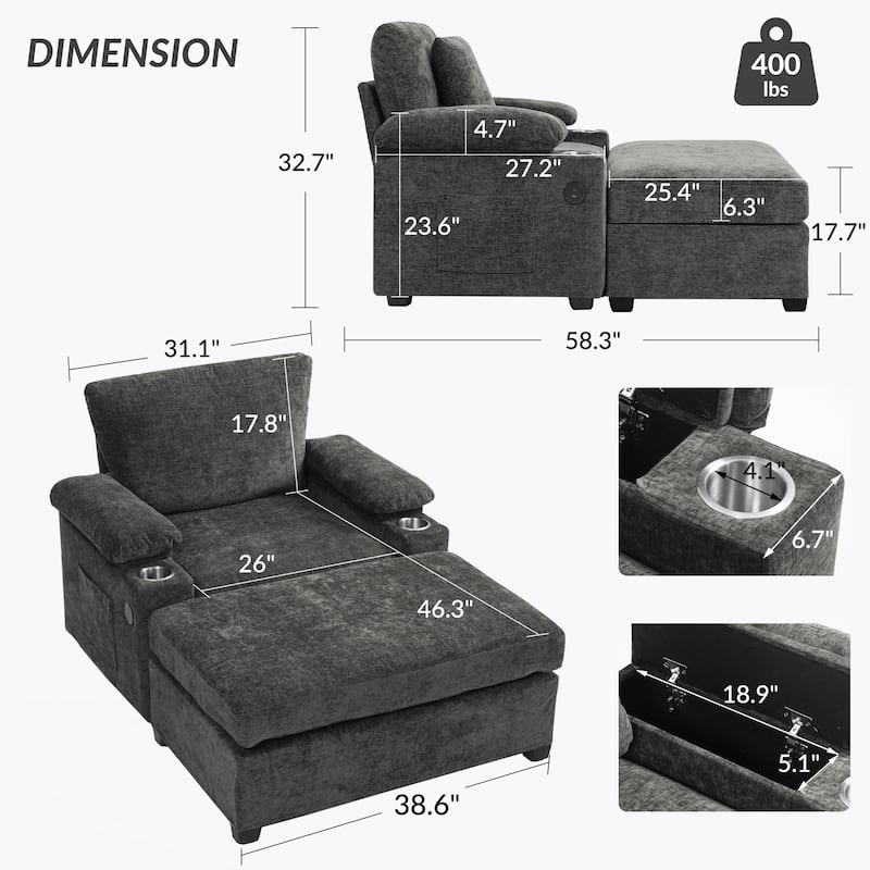 Modern Oversized Chair with Ottoman,Accent Chair Comfy Sofa with Cupholders and USB Charging Ports Chair for Living Room,Bedroom