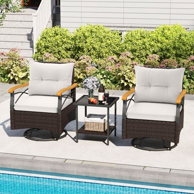 3 Piece Mix Brown Rattan Swivel Chairs Set with Cushions and Table - Chair: 27" x 25" x 33.5"