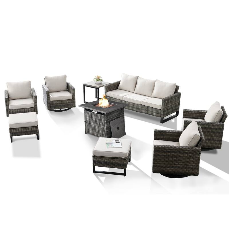 4 Patio Swivel Chairs with Sofa and Fire Pit Table