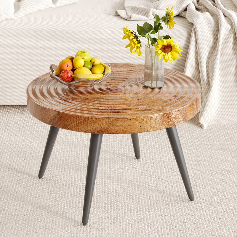 Modern Round Coffee Table - Exquisite Suction Molding Process,Natural Wood Grain Texture,Black Sprayed Metal Leg.