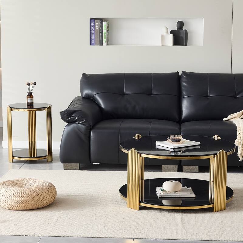 35inch Modern Coffee Table, Double-Layer Tempered Black Glass & Gold Stainless Steel Frame Living Room Table
