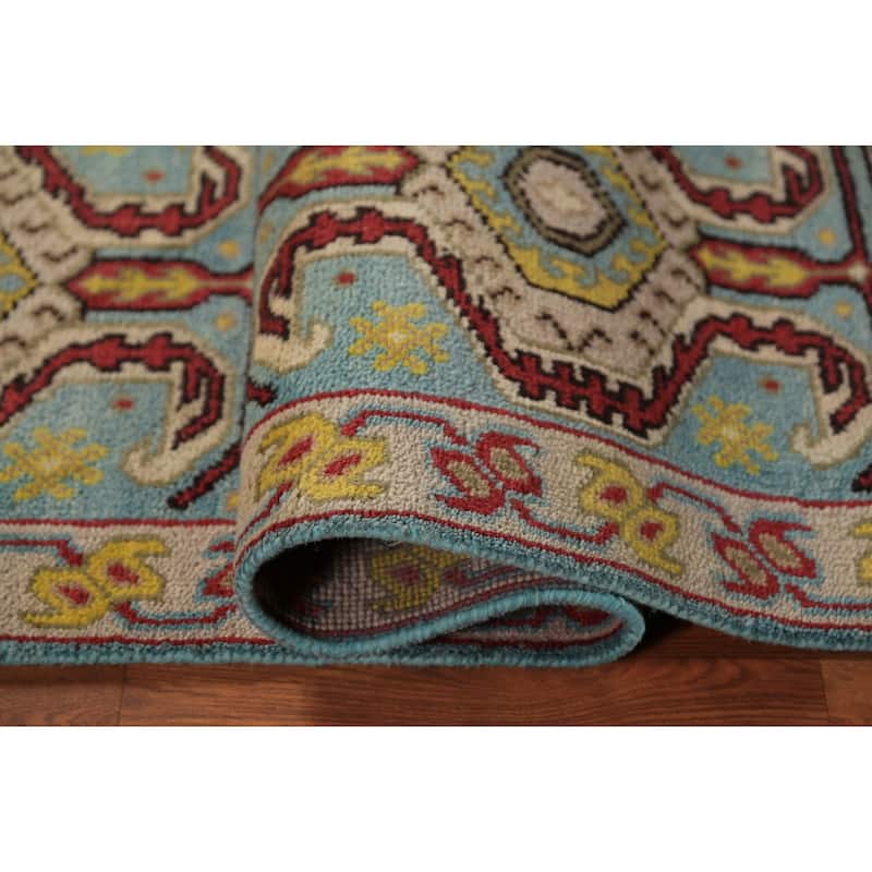 Light Blue Geometric Kazak Indian Runner Rug Handmade Wool Carpet - 2'6"x 9'11"