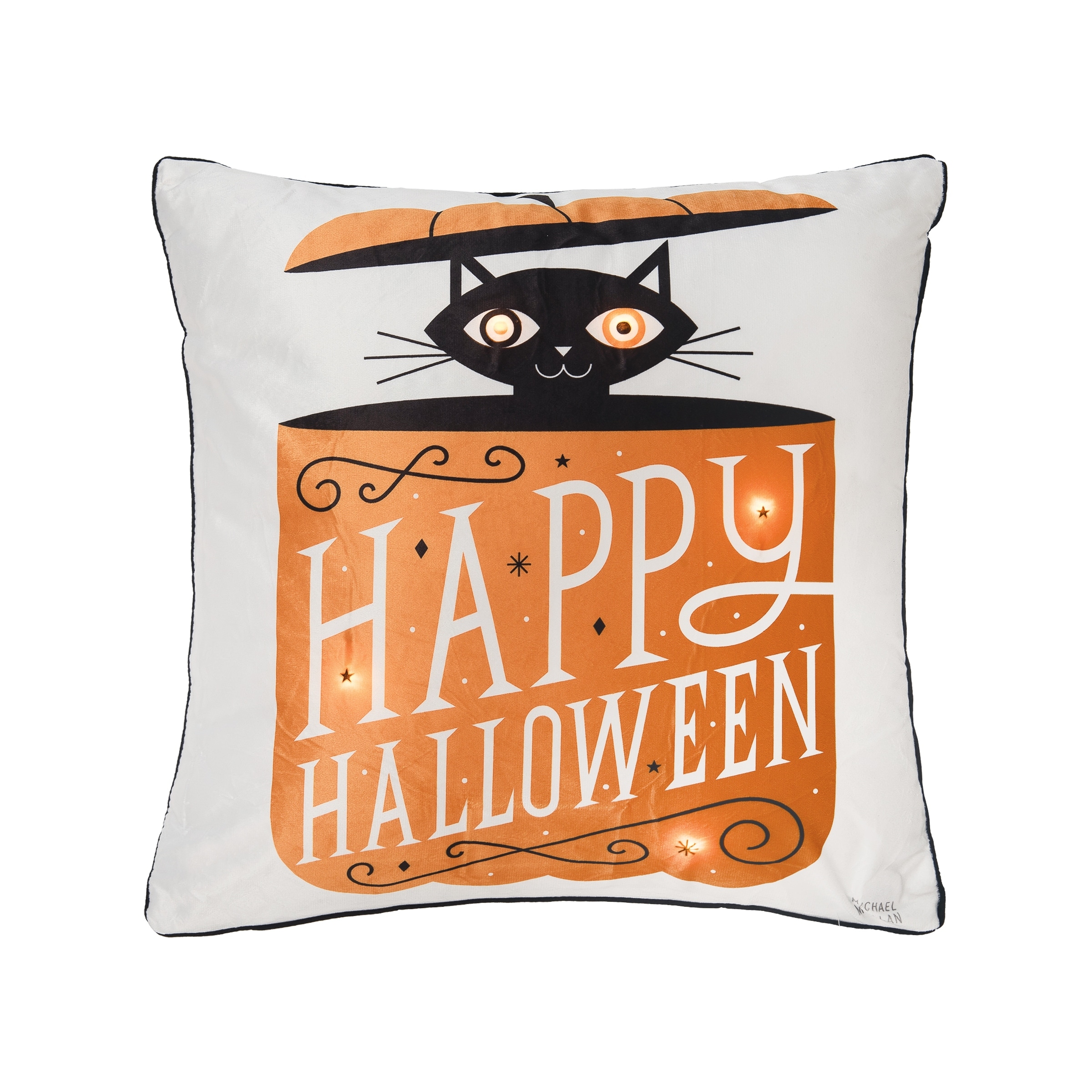 Festive Fright Happy Halloween Cat LED Pillow