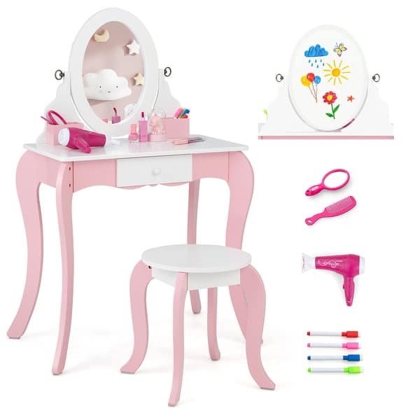 slide 2 of 10, Gymax Pretend Kids Vanity Set Makeup Dressing Table 2-in-1 Mirror & Pink - 1-drawer