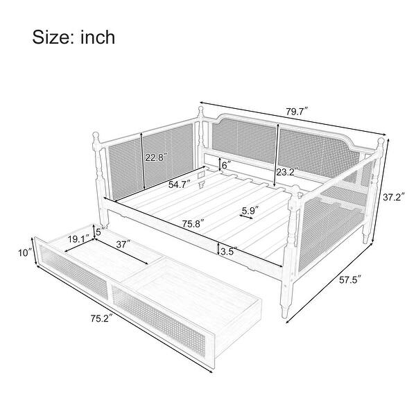 Traditional Style Rattan Full Size Daybed with 2 Drawers ,Antique Walnut