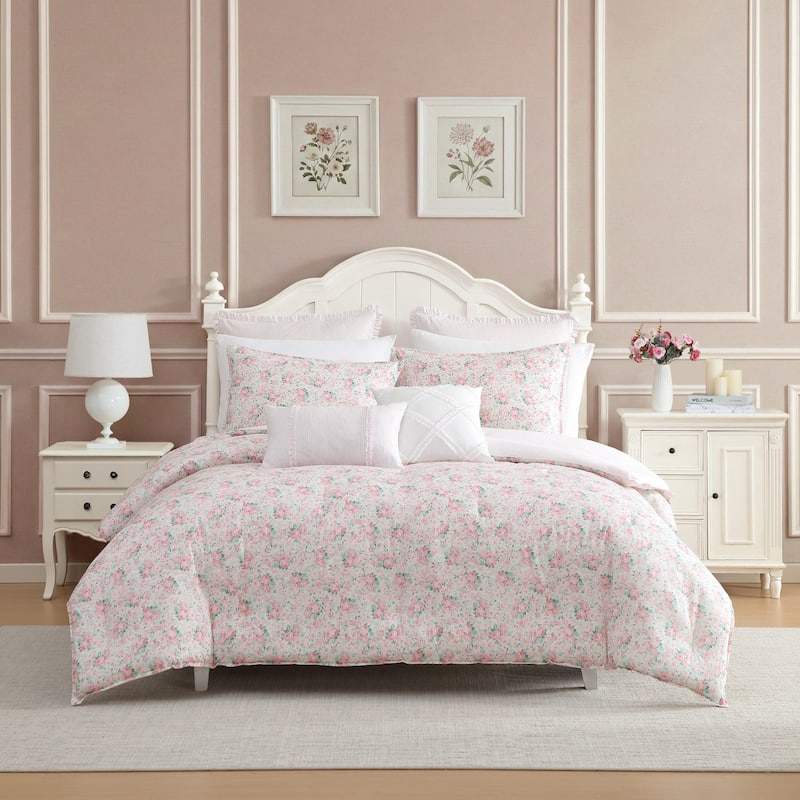 Laura Ashley Pamela's Posies Floral Reversible Stripe Breathable Cotton Comforter Set (Pink)